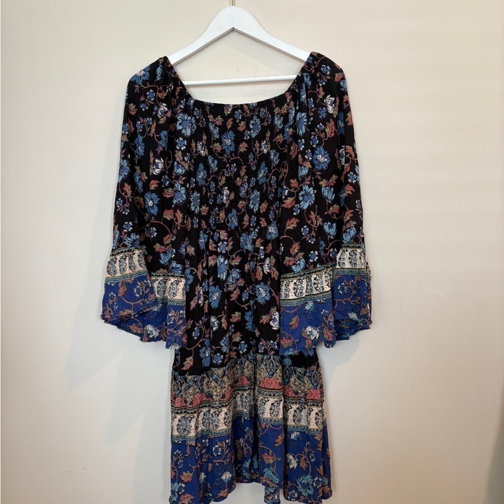 Angie Floral Flare Sleeve Blue Ruffle Smocked Boho Cottagecore Dress  Size M - Picture 11 of 16